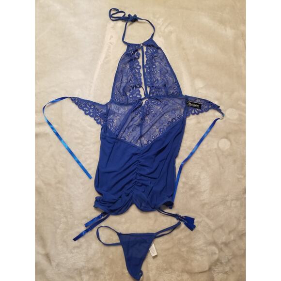 Escante Sexy Strappy Lace Mesh Halter Chemise G-String Set Royal Blue Medium - Picture 2 of 7